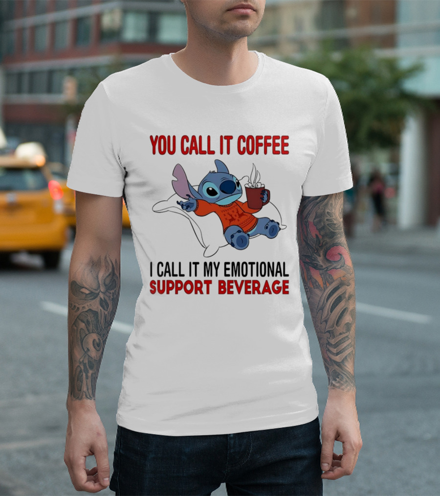 Stitch You Call It Coffee I Call It My Emotional Support Beverage Blue Alien Character With Hot Drink In Red Sweater T-Shirt