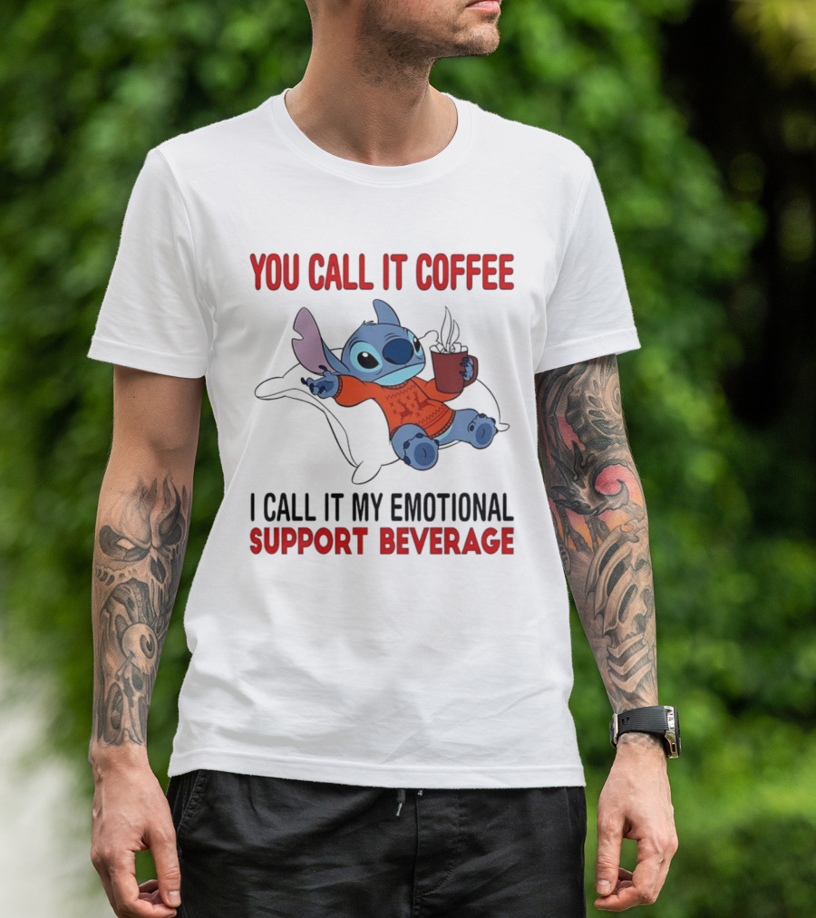 Stitch You Call It Coffee I Call It My Emotional Support Beverage Blue Alien Character With Hot Drink In Red Sweater T-Shirt