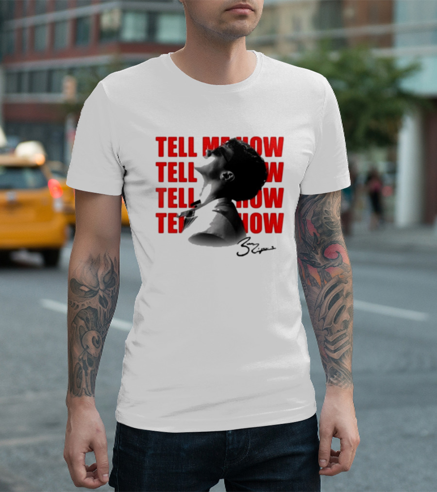 Tell Me How Ben Rodrigues Signature Black And White Artistic Portrait With Repeated Text In Eye-Catching Red Style T-Shirt