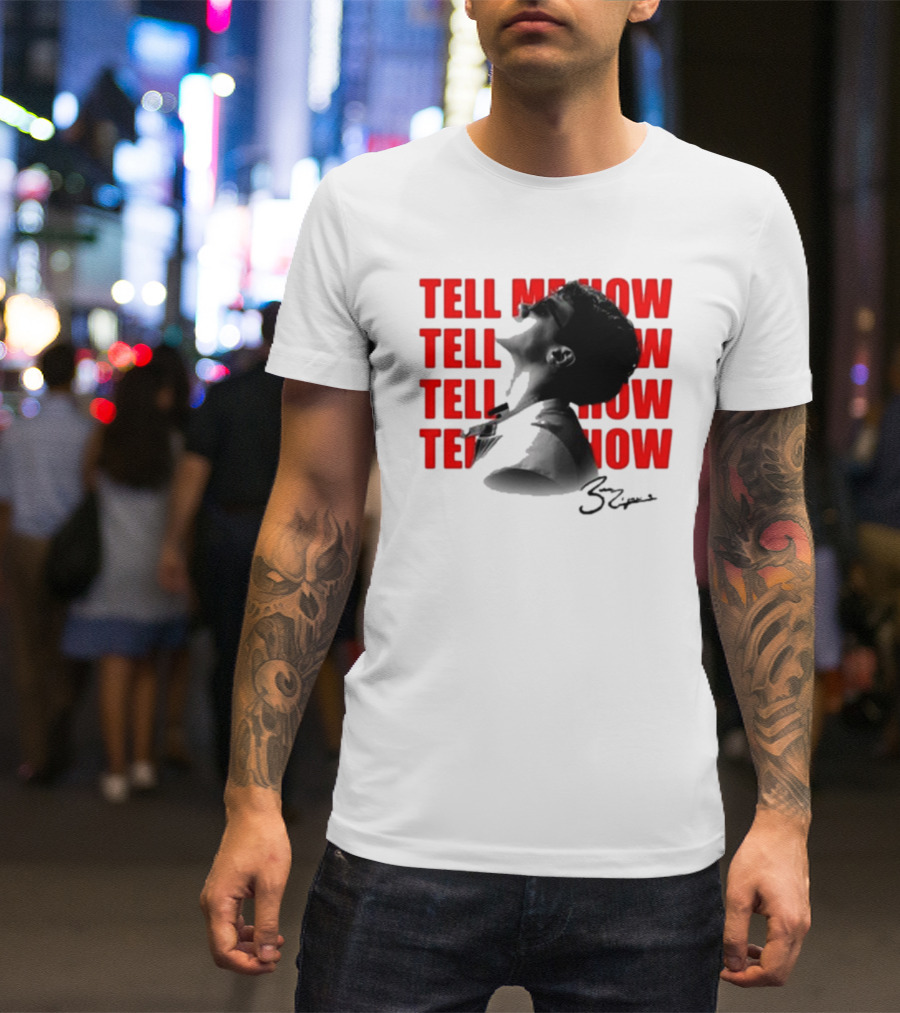 Tell Me How Ben Rodrigues Signature Black And White Artistic Portrait With Repeated Text In Eye-Catching Red Style T-Shirt
