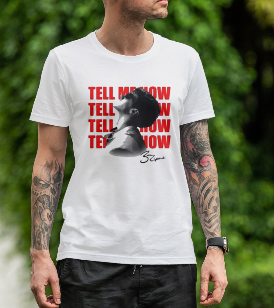 Tell Me How Ben Rodrigues Signature Black And White Artistic Portrait With Repeated Text In Eye-Catching Red Style T-Shirt