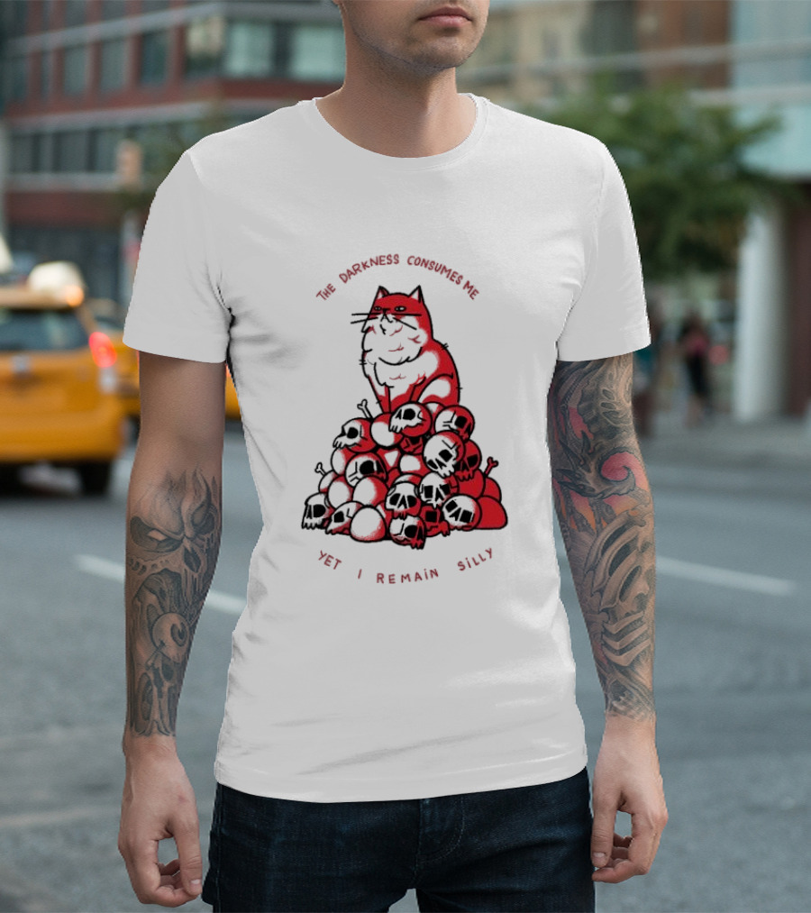 The Darkness Consumes Me Yet I Remain Silly red cat bats skulls T-Shirt