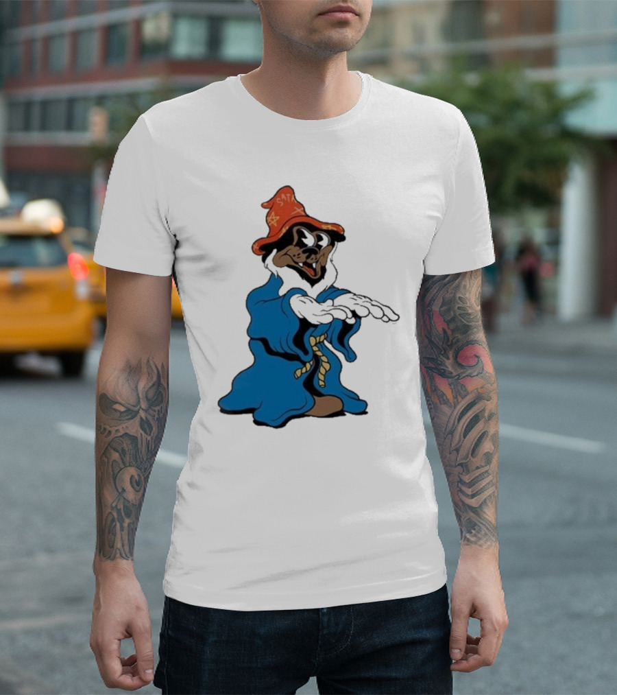 The Dudes It’s All Wavy Wizard Dog in Blue Robe with Orange Star Hat T-Shirt