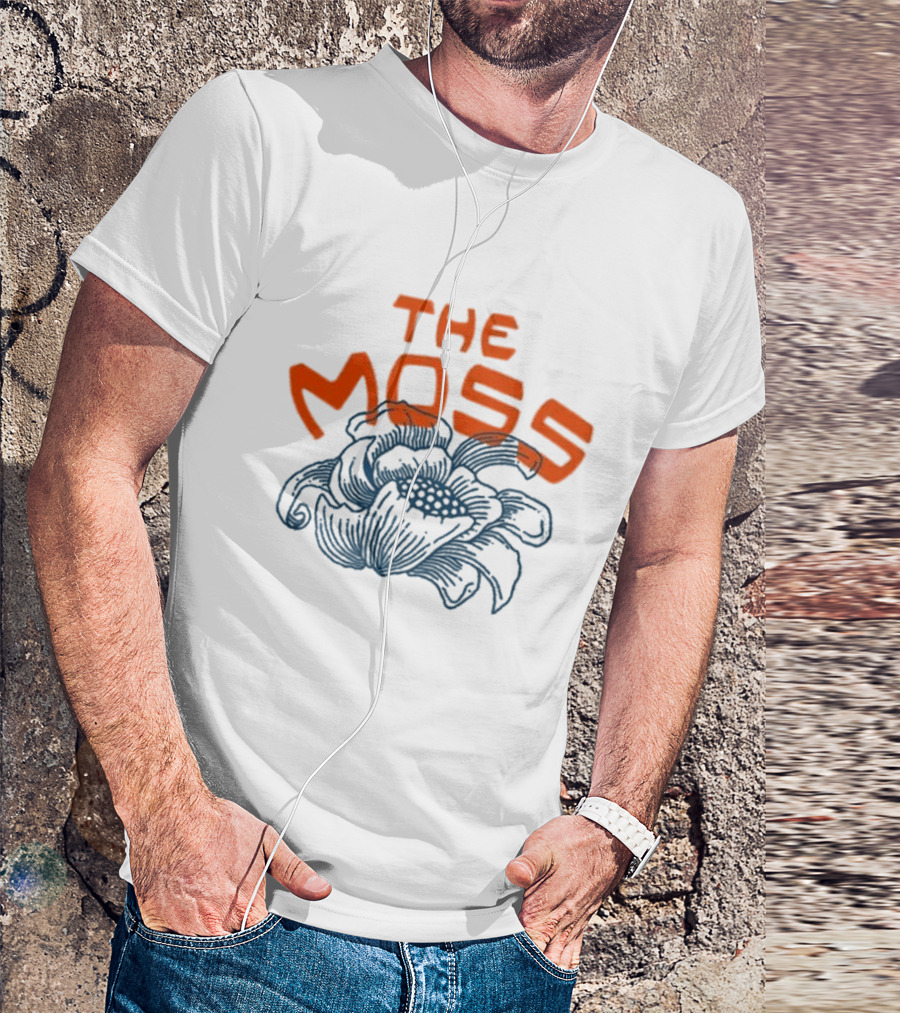 The Moss Flower 2025 Bold Blue And Orange Text Over Artistic Floral Illustration T-Shirt