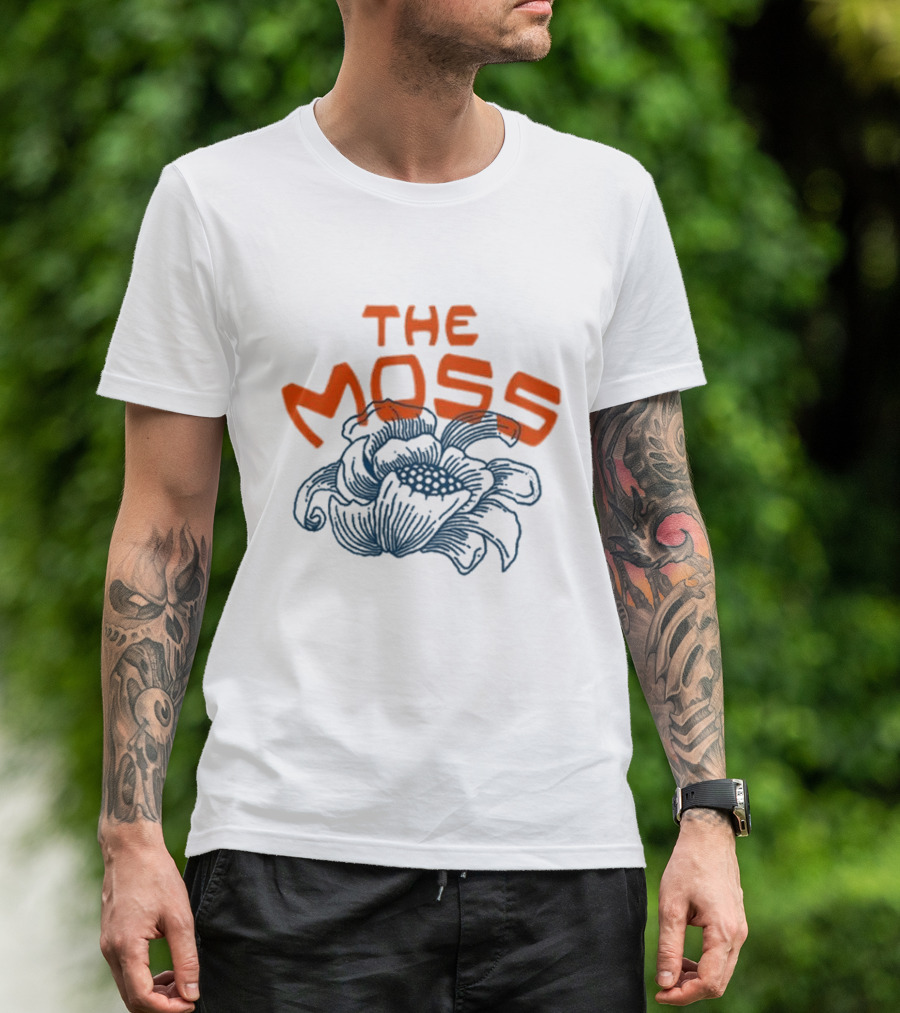 The Moss Flower 2025 Bold Blue And Orange Text Over Artistic Floral Illustration T-Shirt