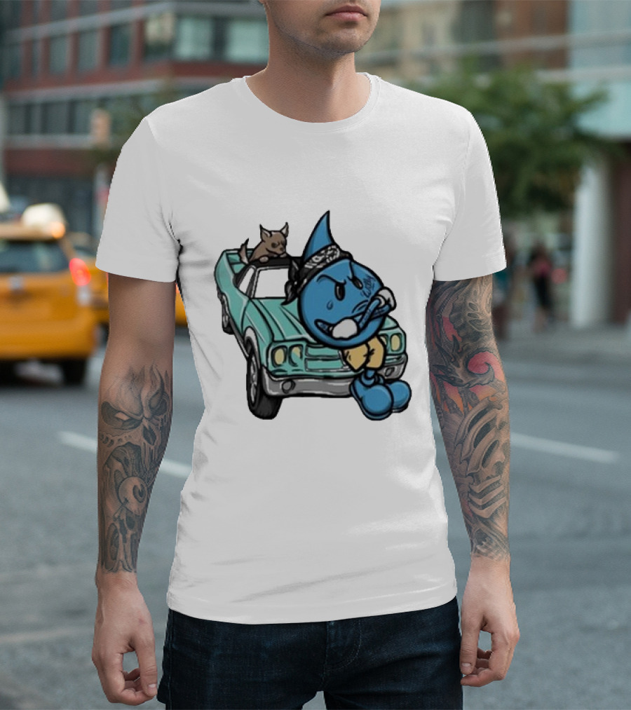 Thornhill Bat White Blue Cartoon Character With Dog In Classic Car T-Shirt