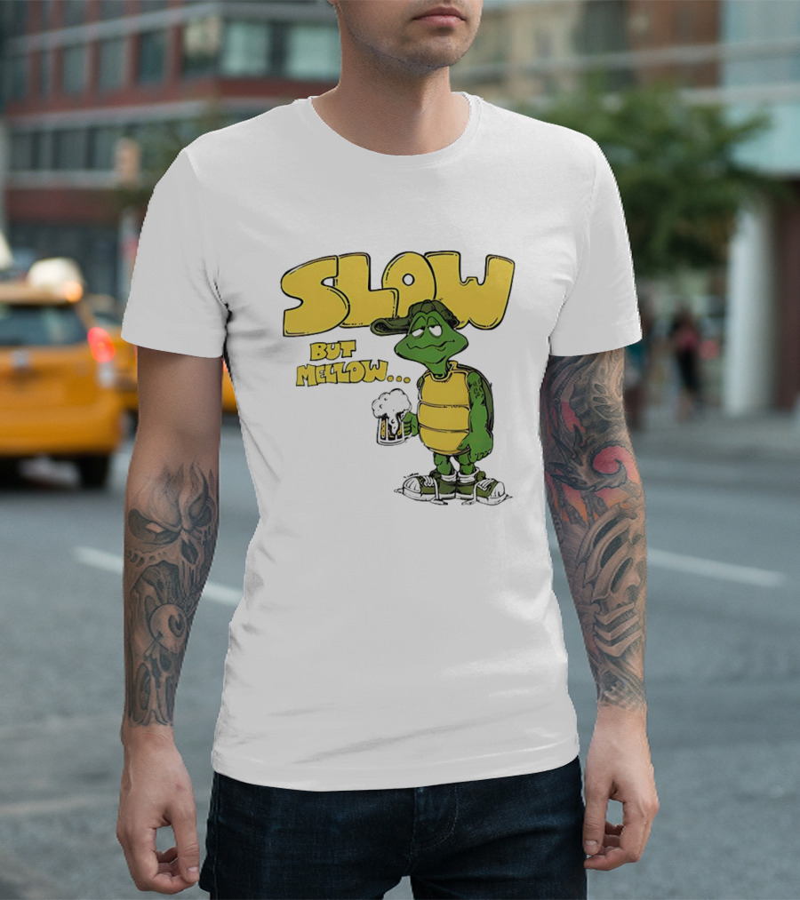 Slow But Mellow Turtle With Beer Retro Vintage 70s Style T-Shirt