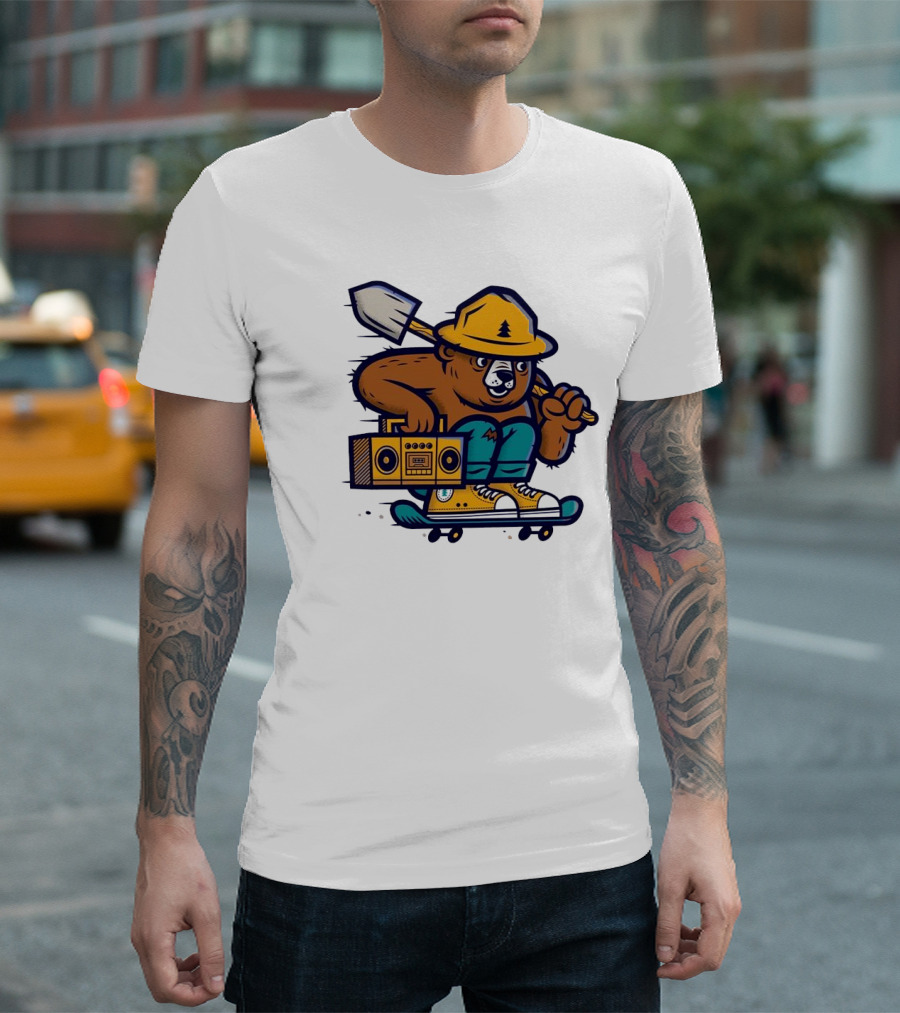 ```Wildfire Relief Bear Skateboarding with Boombox and Shovel``` T-Shirt