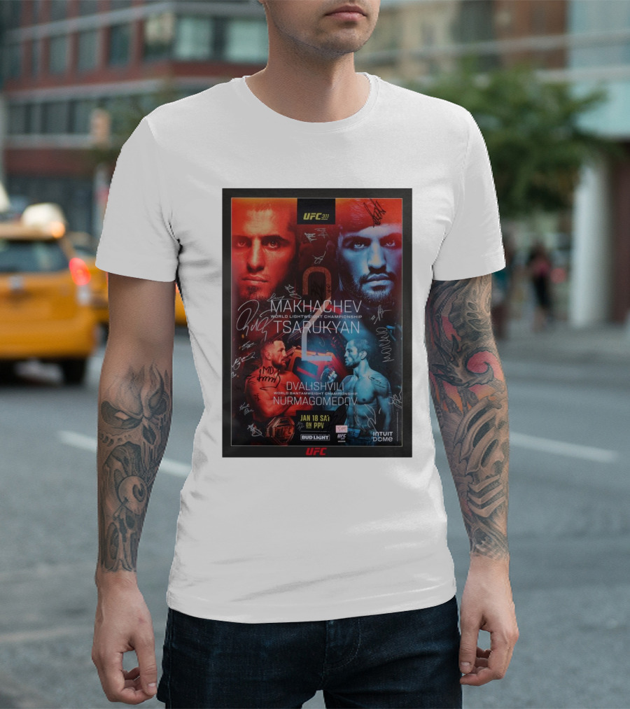 UFC 311 Makhachev Tsarukyan Dvalishvili Nurmagomedov Autographed World Championship T-Shirt