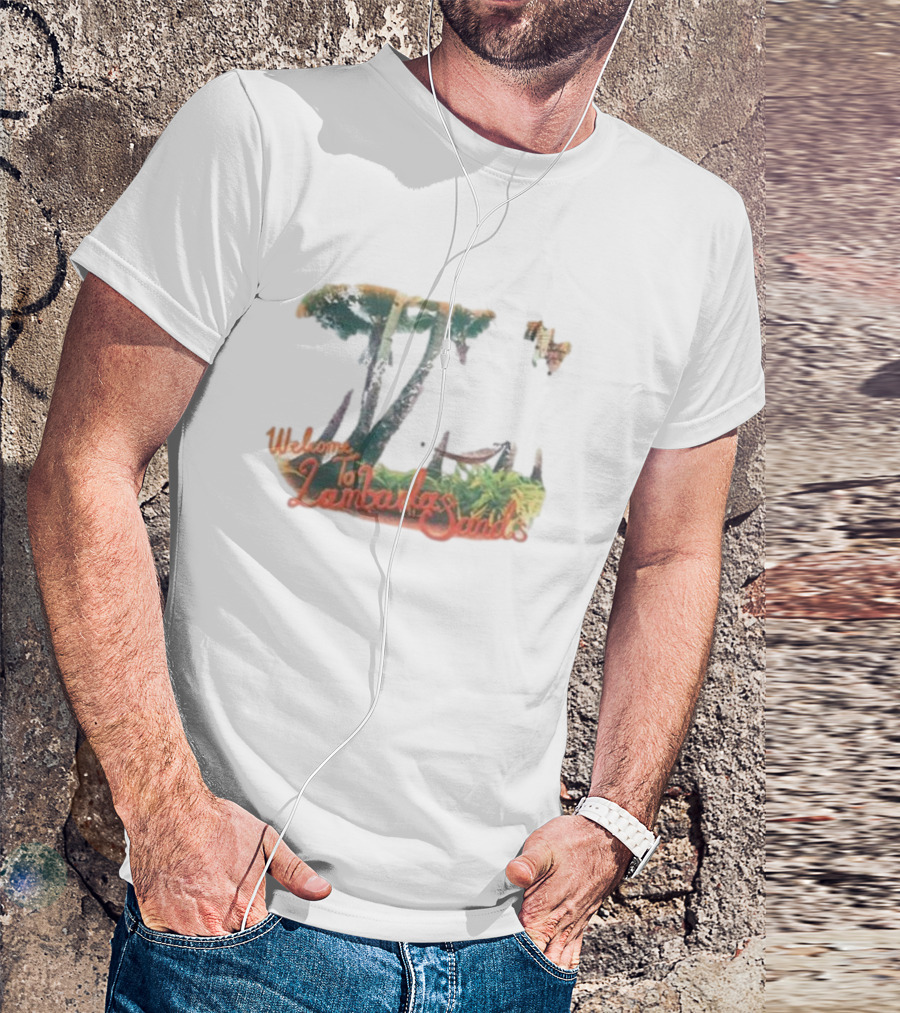 Welcome To Lambada Sands Tropical Paradise Oceanfront Sunset With Palm Trees And Sailboat T-Shirt