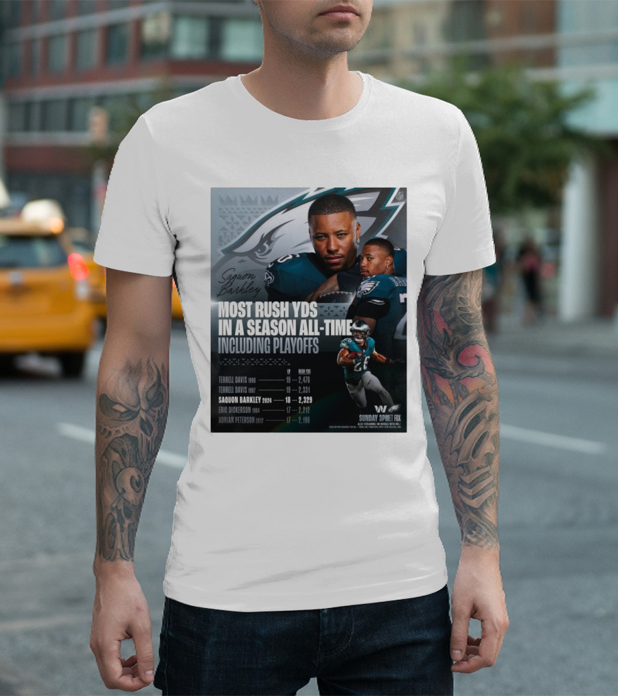 Saquon Barkley Philadelphia Eagles Most Rush Yards in a Season All-Time Including Playoffs T-Shirt