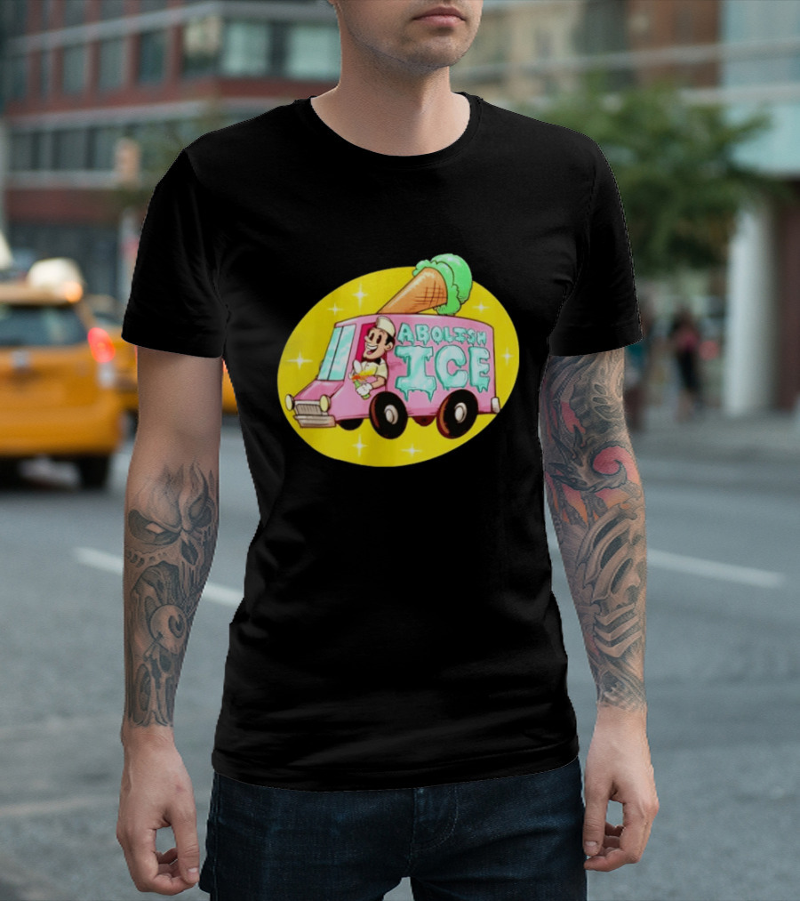 Abolish Ice Pink Ice Cream Truck With Melting Cone On Yellow T-Shirt