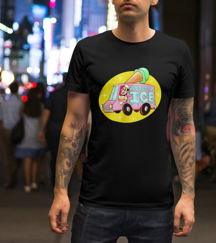 Abolish Ice Pink Ice Cream Truck With Melting Cone On Yellow T-Shirt
