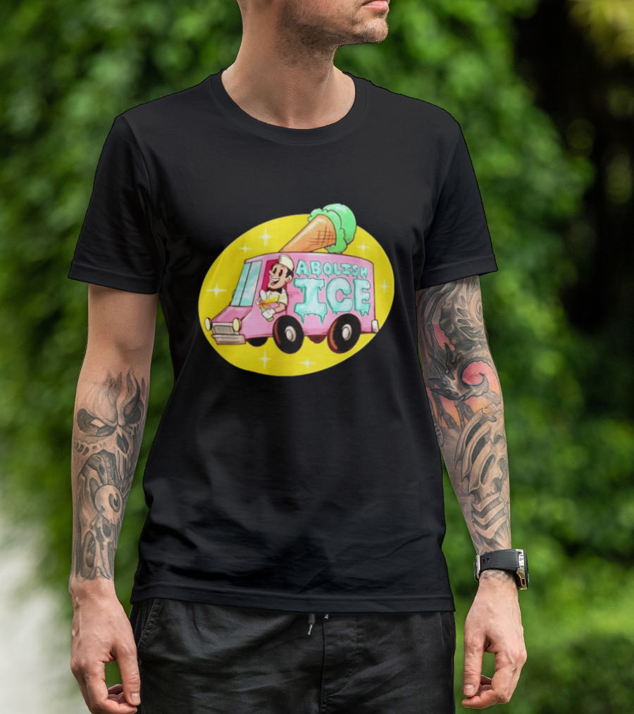 Abolish Ice Pink Ice Cream Truck With Melting Cone On Yellow T-Shirt