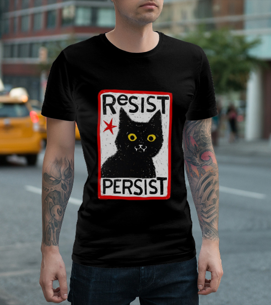 Resist Persist Black Cat Activism Red Star Empowerment T-Shirt