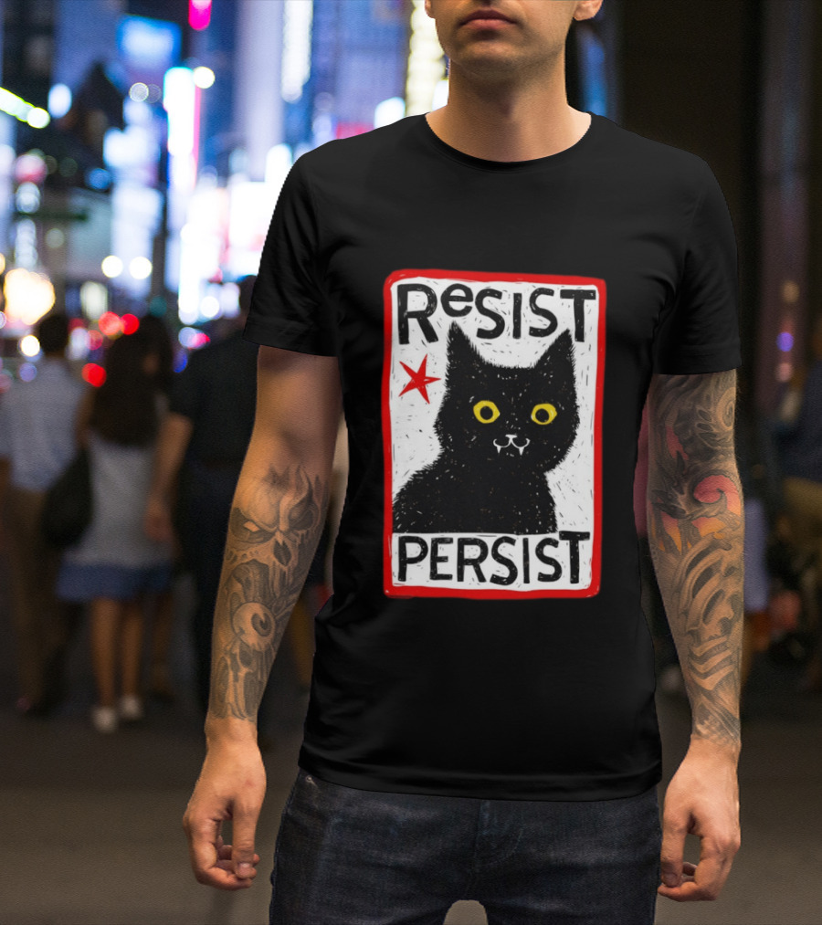 Resist Persist Black Cat Activism Red Star Empowerment T-Shirt