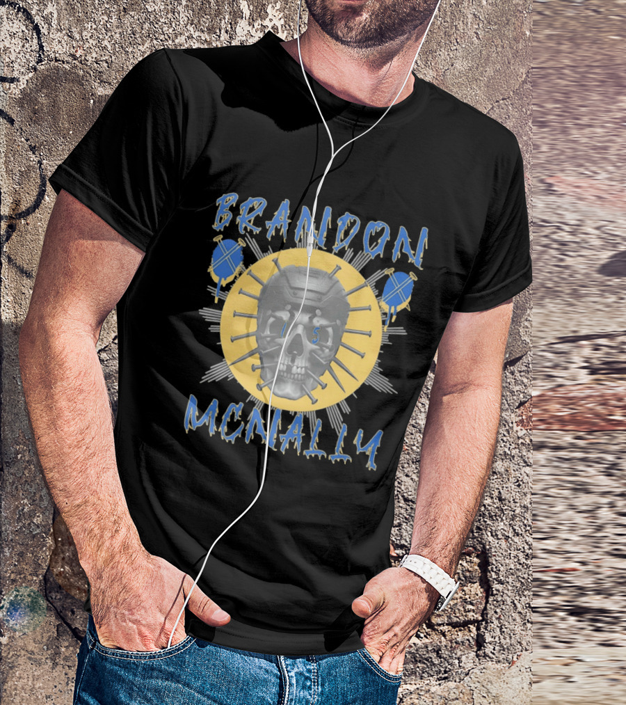Brandon McNally Hockey Skull 15 Helmet Nails Blue Yellow T-Shirt