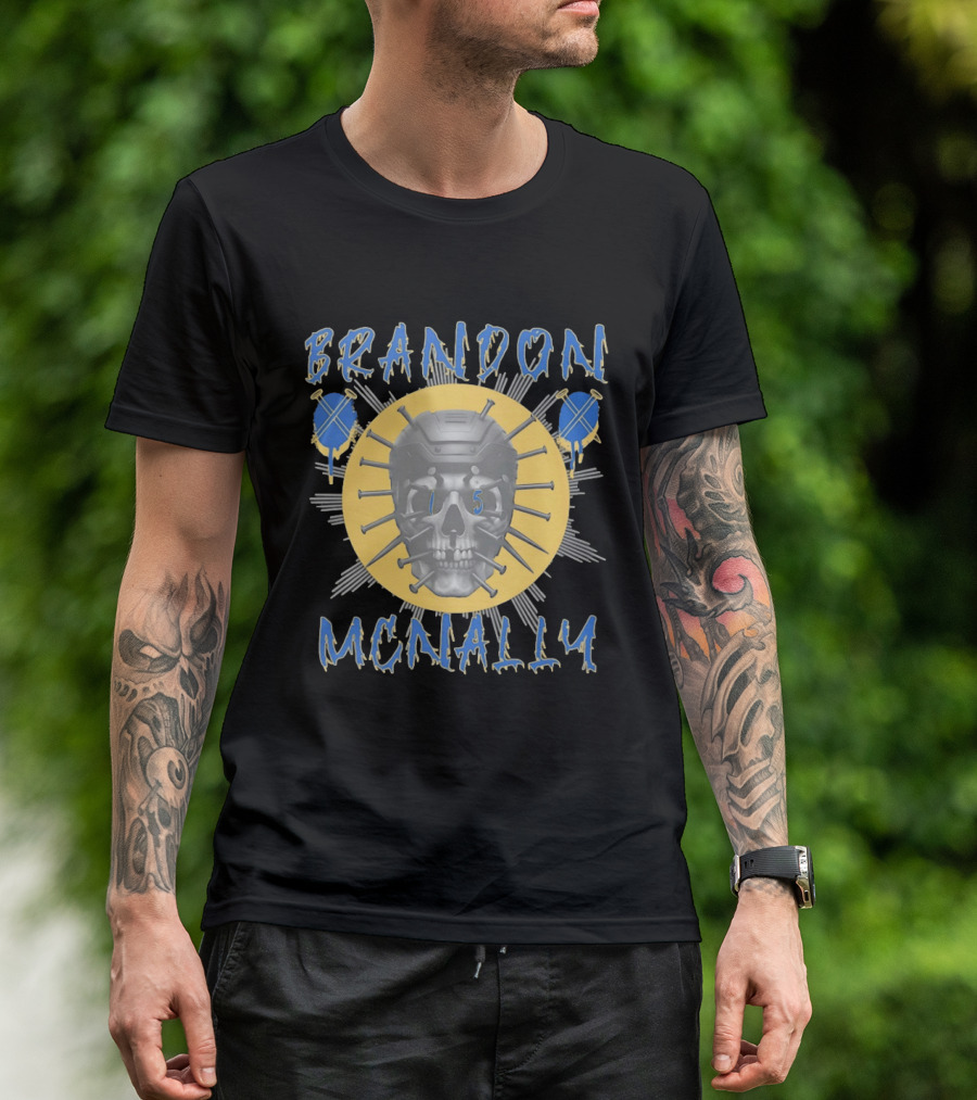 Brandon McNally Hockey Skull 15 Helmet Nails Blue Yellow T-Shirt