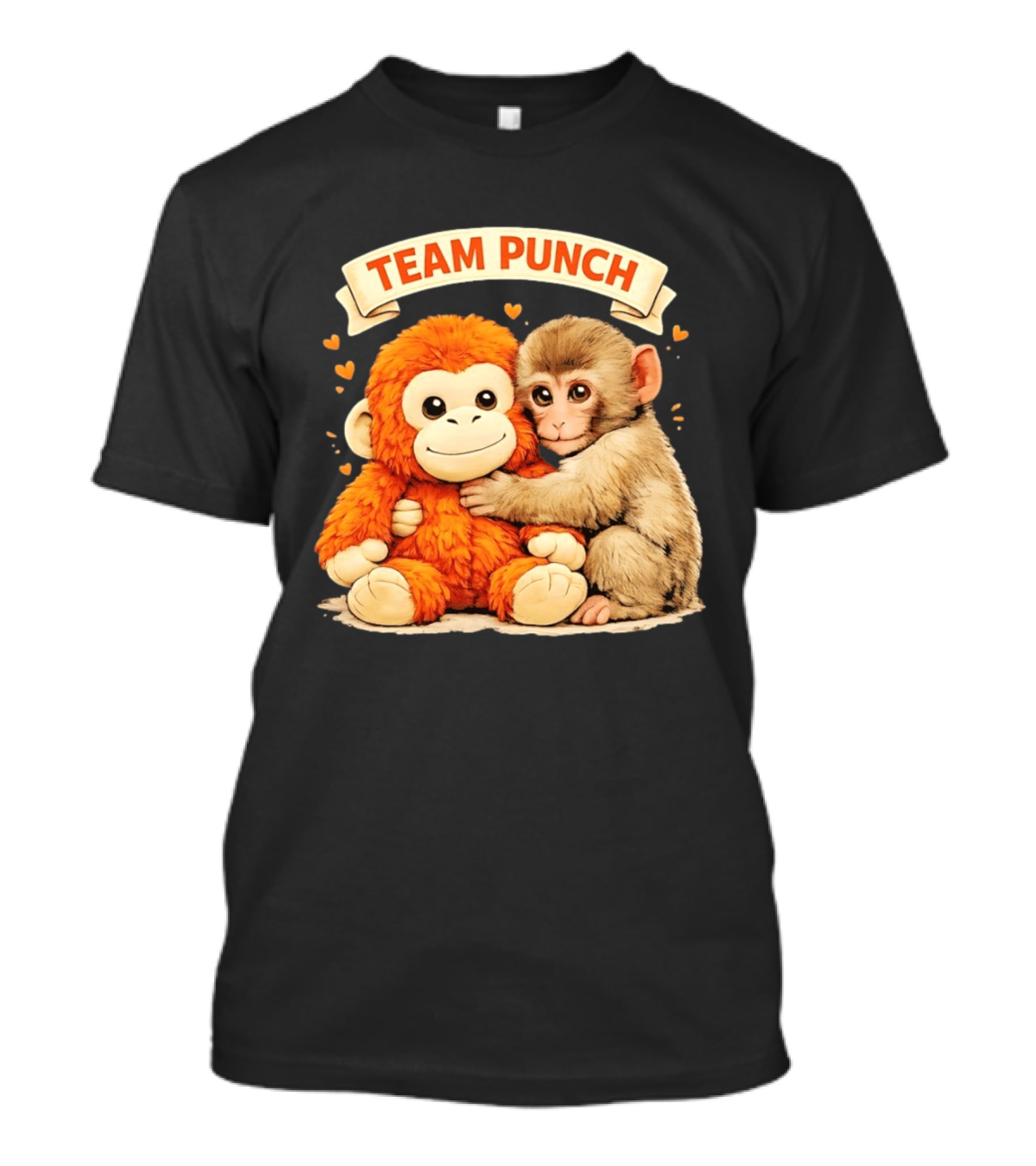 Team Punch Cute Baby Monkey Hugging Orange Plush Toy Charming Japanese Style Hearts T-Shirt