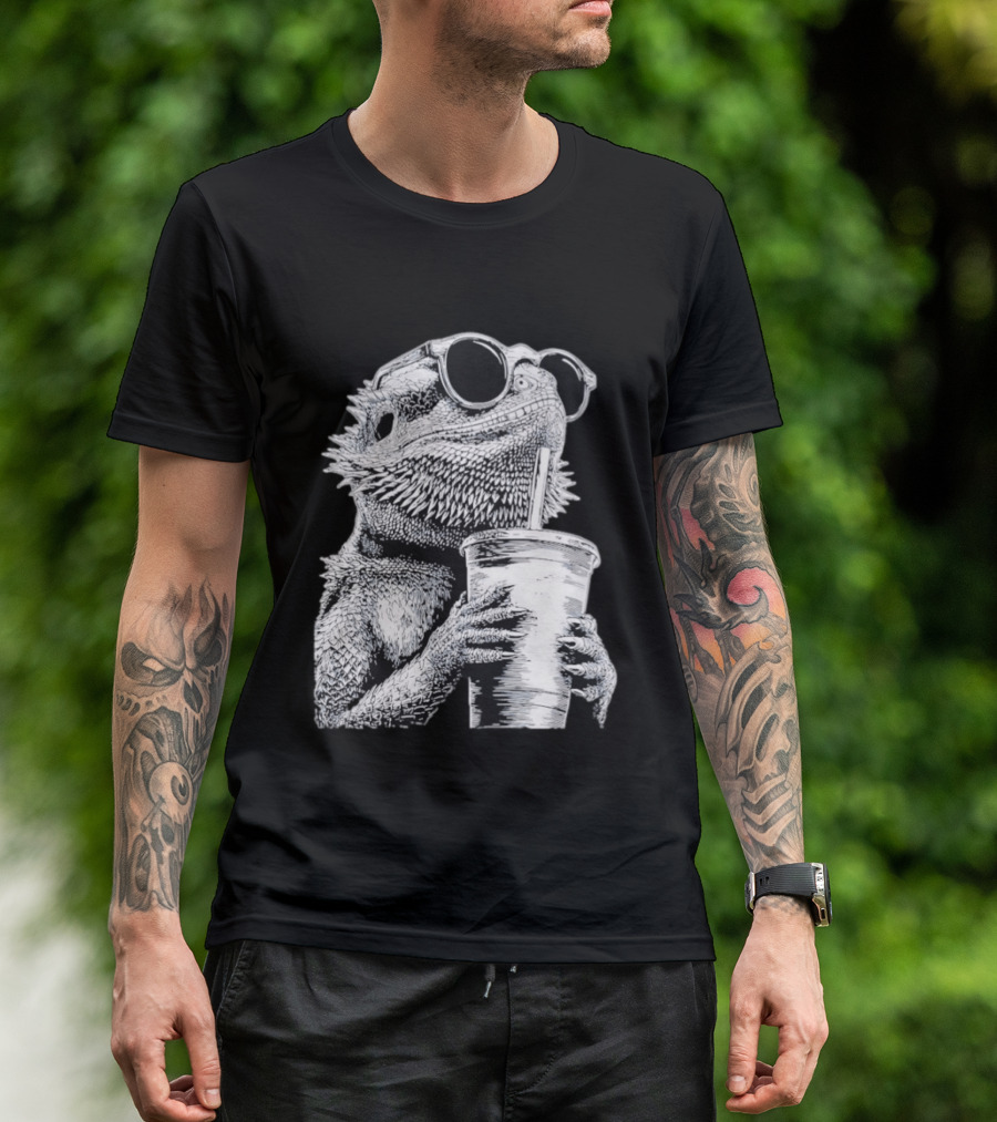Bearded Dragon With Sunglasses Drinking Iced Coffee T-Shirt