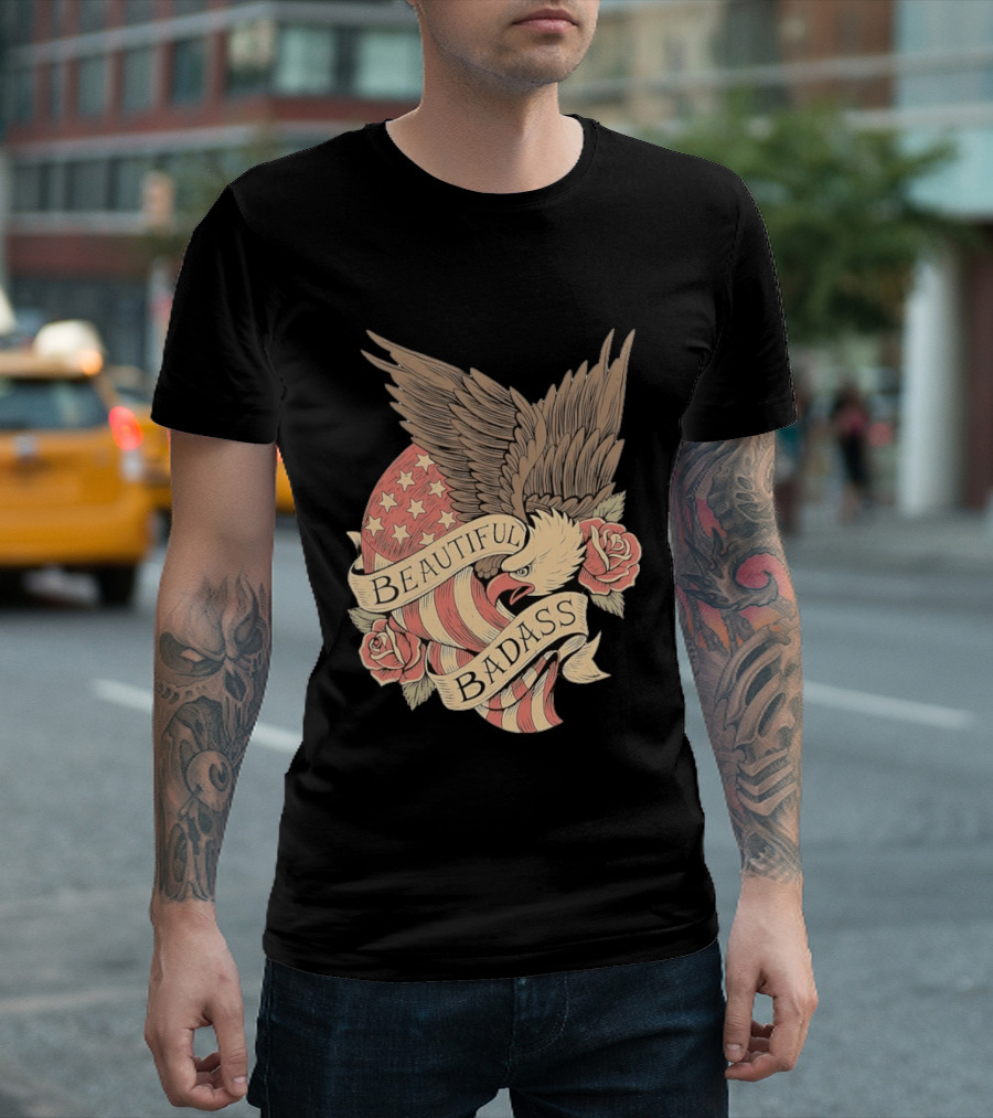Beautiful Badass Eagle With American Flag And Roses T-Shirt