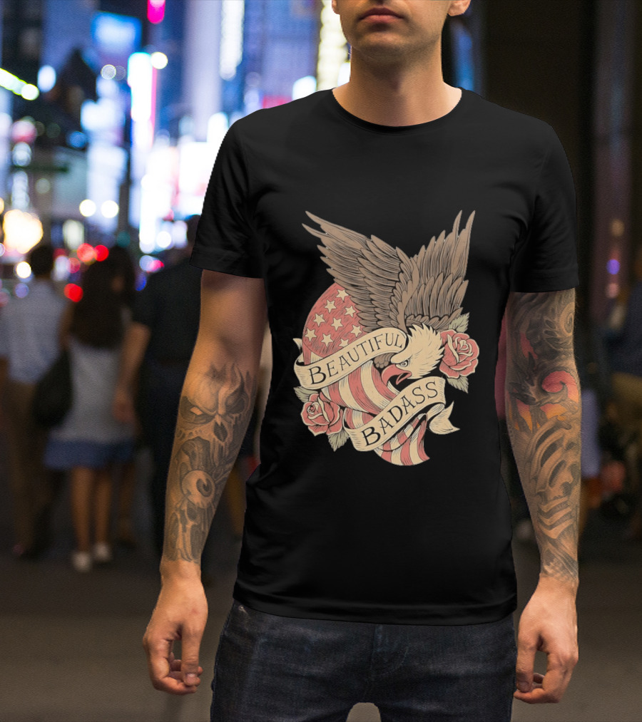 Beautiful Badass Eagle With American Flag And Roses T-Shirt