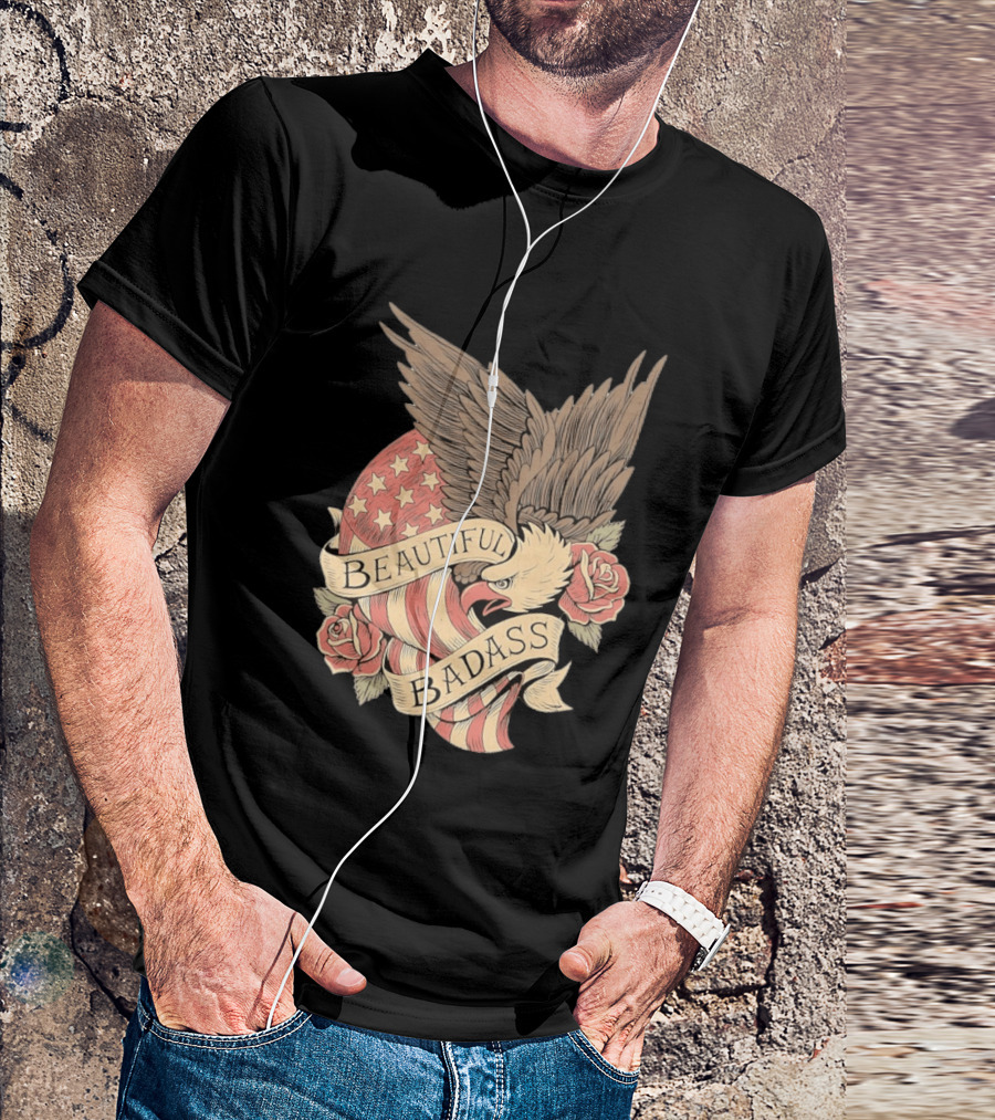 Beautiful Badass Eagle With American Flag And Roses T-Shirt