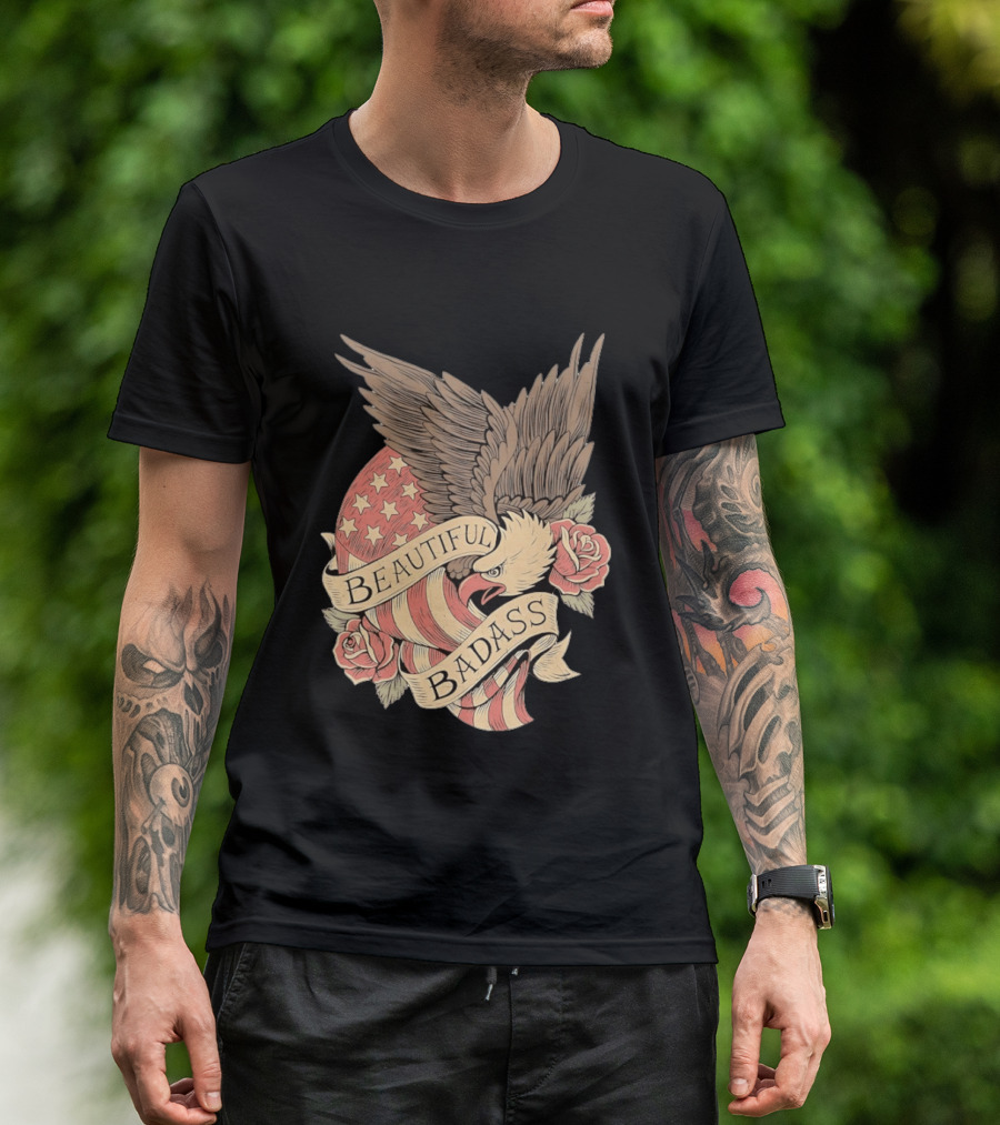 Beautiful Badass Eagle With American Flag And Roses T-Shirt