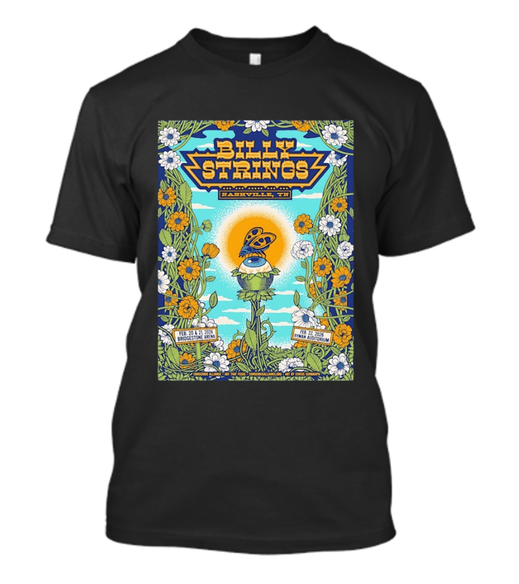 Billy Strings Nashville TN Bridgestone Arena Ryman Auditorium February 2026 Butterfly Flowers T-Shirt