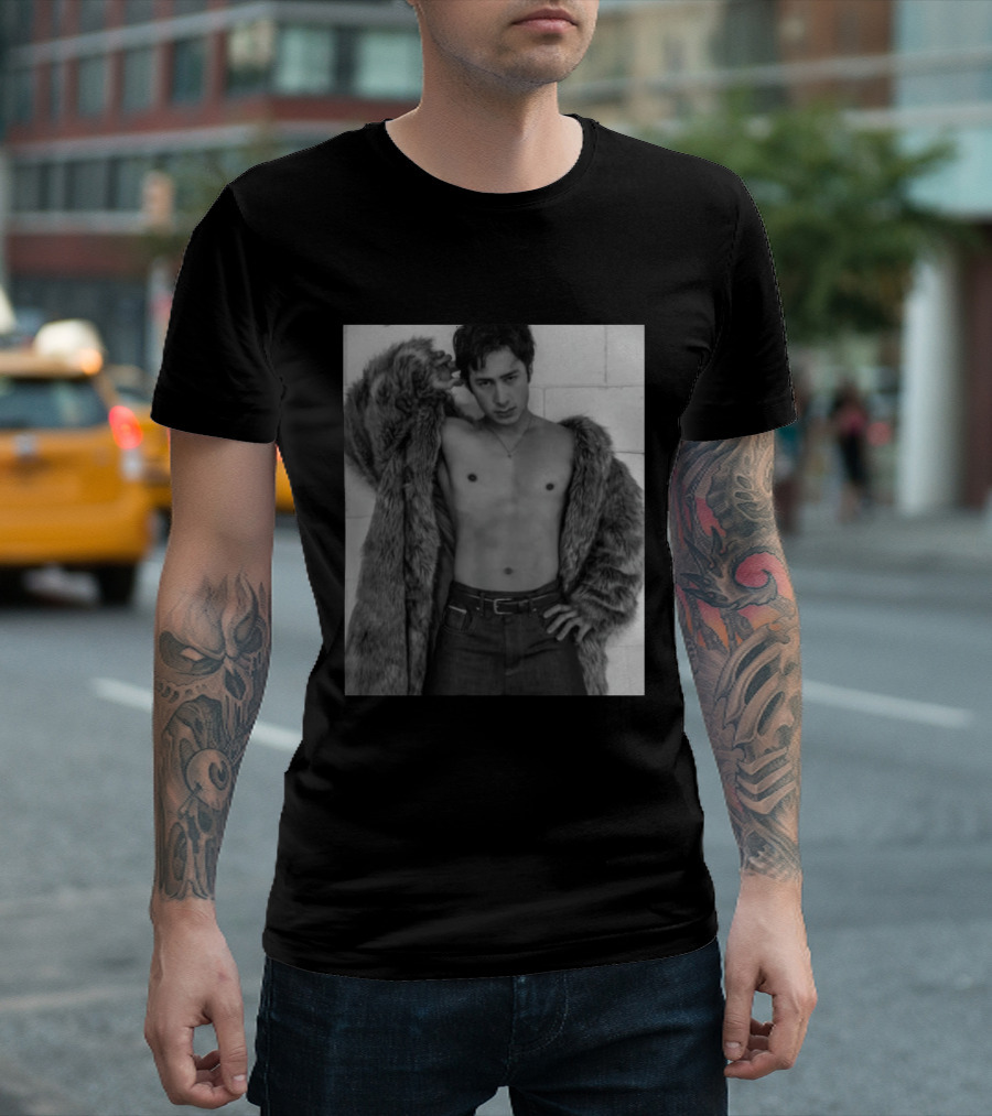 Hudson Williams Bold Fur Coat Statement With Classic Denim T-Shirt