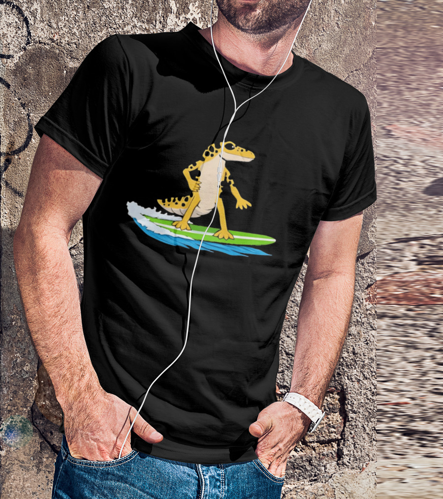 Leopard Gecko Yellow Lizard Riding Surfboard T-Shirt