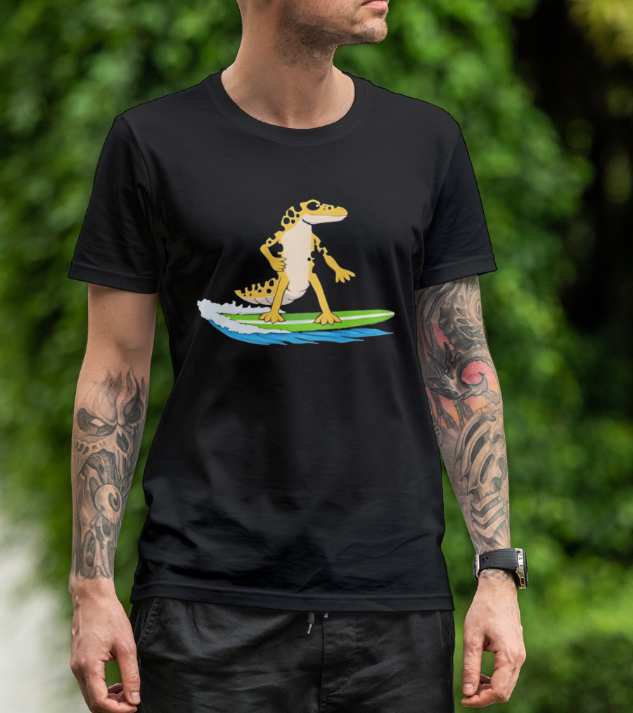 Leopard Gecko Yellow Lizard Riding Surfboard T-Shirt