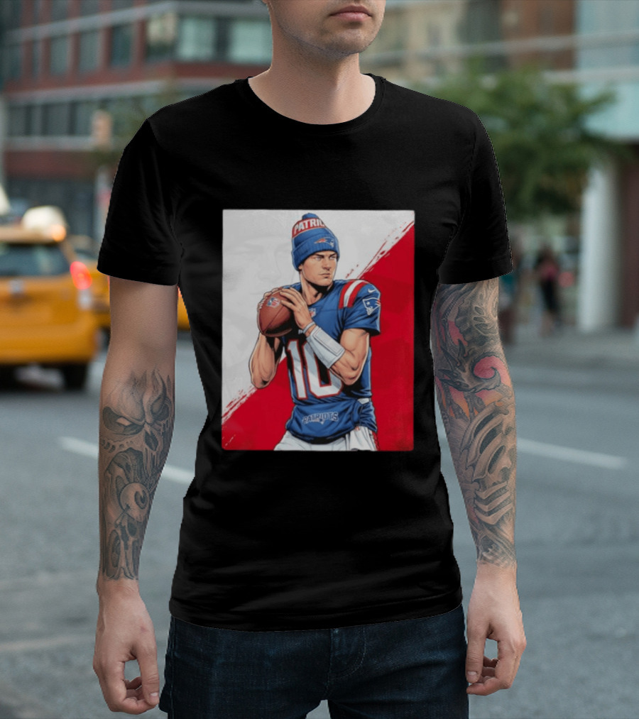New England Patriots Number 10 Quarterback Throwing Football Beanie T-Shirt
