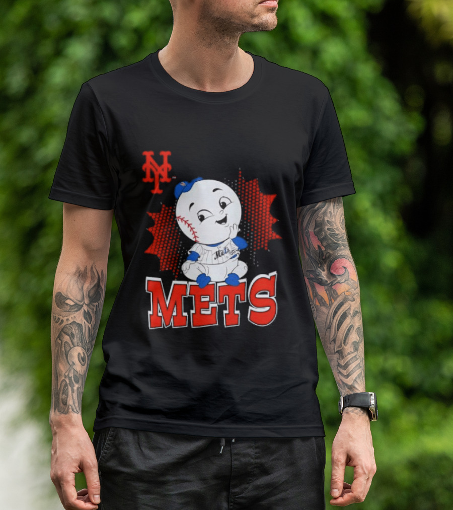 NY Mets Mr. Met Cartoon Character With Baseball And Team T-Shirt