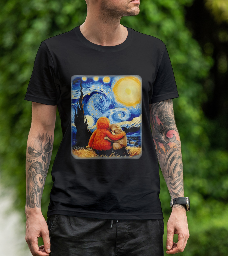 Punch Kun Panchi Kun Van Gogh Monkey Punch Starry Night Hugging Scene T-Shirt
