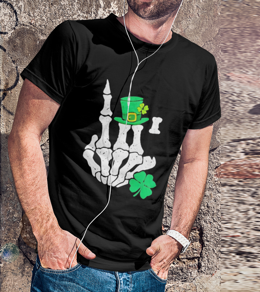 Skeleton Hand With Leprechaun Hat And Shamrock St Patricks Day T-Shirt