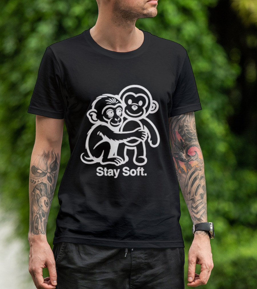 Stay Soft Monkey Hugging Monkey White Line T-Shirt