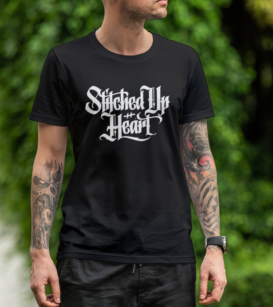 Stitched Up Heart Band Merchandise Gothic Lettering T-Shirt