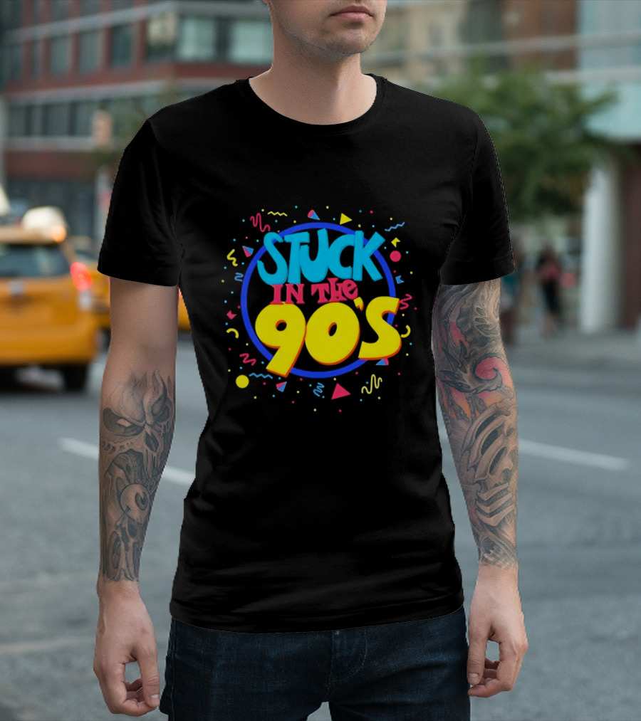 Stuck In The 90s Colorful Retro Vibes With Bold Typography And 90s T-Shirt