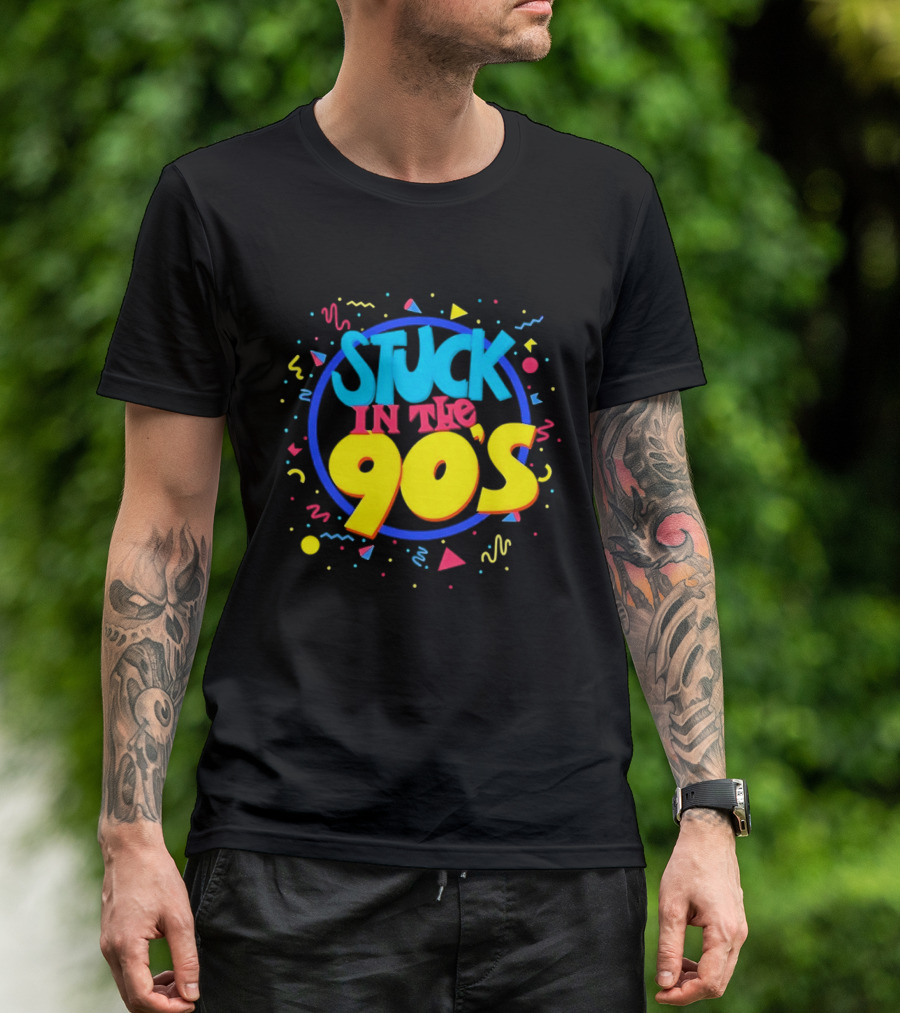 Stuck In The 90s Colorful Retro Vibes With Bold Typography And 90s T-Shirt