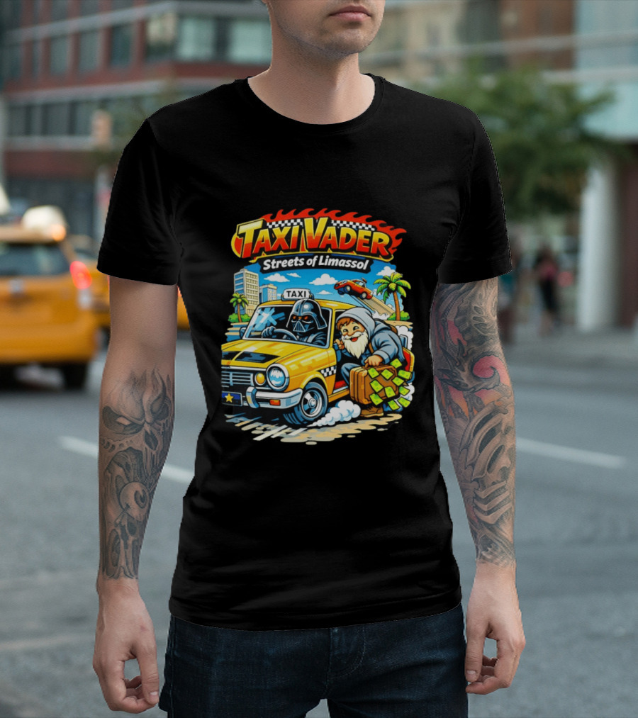 Taxi Vader Streets Of Limassol Adventure With Iconic Characters And Yellow Cab In Cityscape T-Shirt