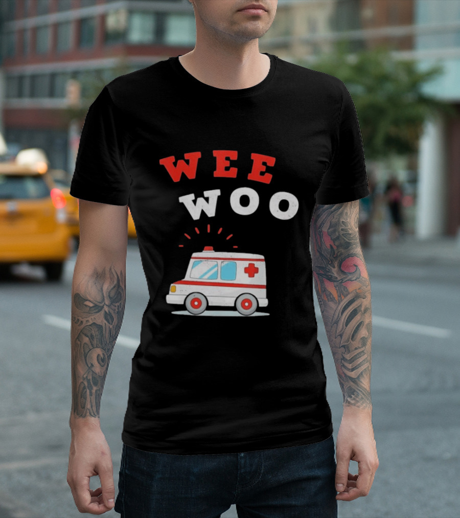 Wee Woo Cartoon Ambulance Emergency Vehicle Rescue Red And White T-Shirt