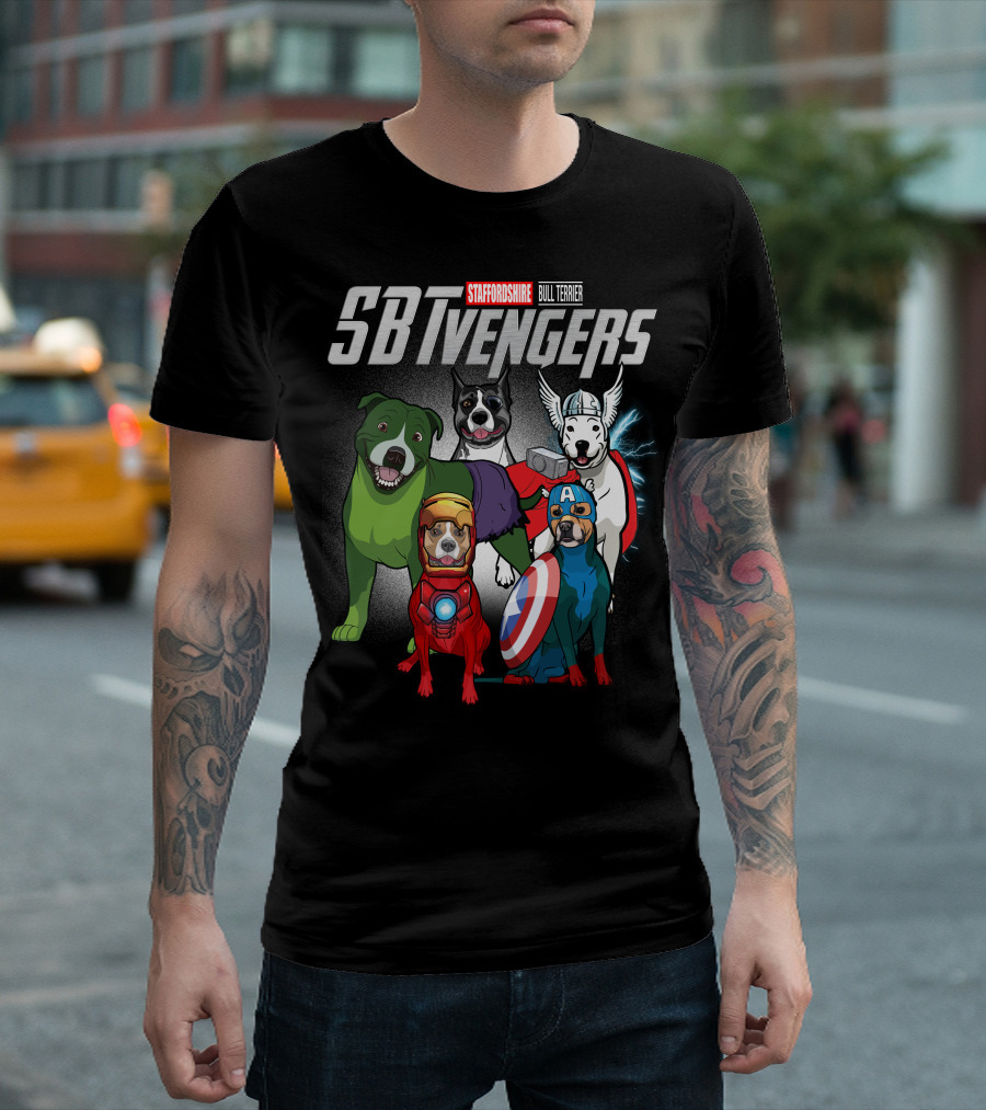 Staffordshire Bull Terrier SBTvengers Superhero Dogs T-Shirt