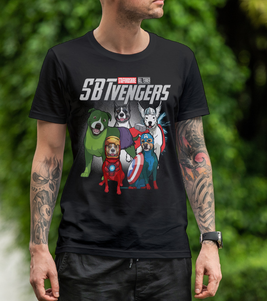Staffordshire Bull Terrier SBTvengers Superhero Dogs T-Shirt