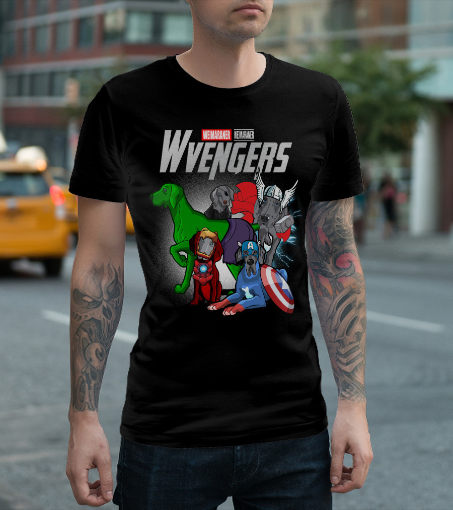 Weimaraner Wvengers Superhero Dog Group with Comic Elements T-Shirt