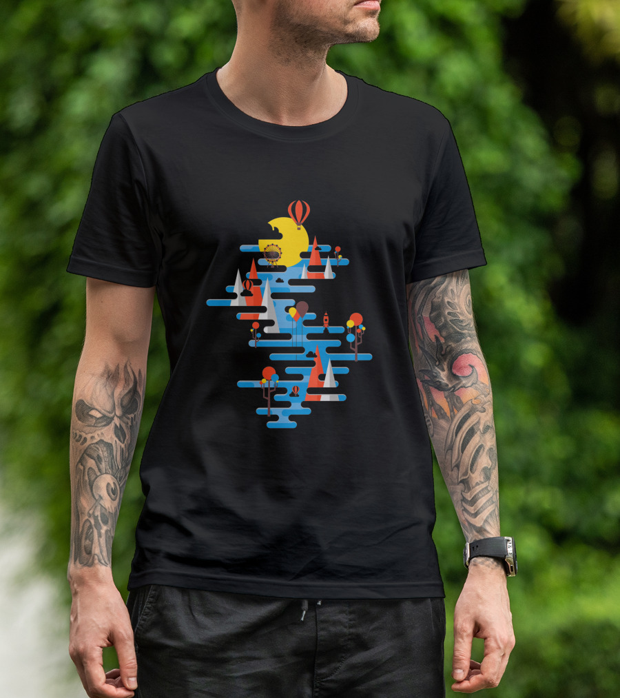 A Beautiful Day Hot Air Balloons Sailing Sun And Geometric Landscape T-Shirt