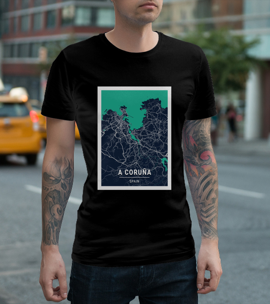 A Coruña Spain Blue Dark City Map Urban Streets and Landmarks T-Shirt