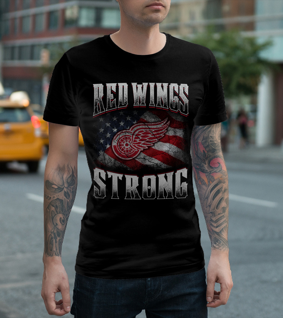 Red Wings Strong American Flag Winged Wheel T-Shirt