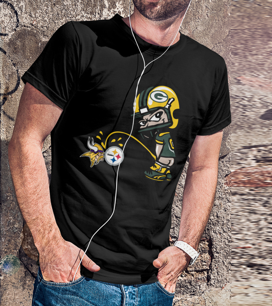 Green Bay Packers Player Taunting Vikings And Steelers Logos T-Shirt