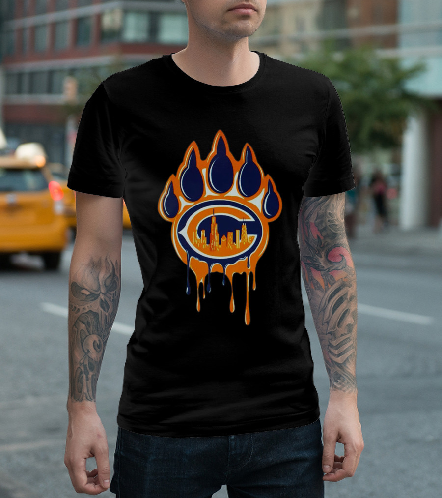 Chicago Bears Paw Print Skyline Dripping C Logo Navy And Orange T-Shirt